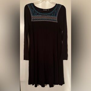 Nina Leonard Black Dress with Blue Embroidery